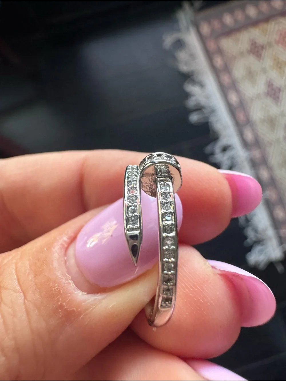 Brass Silver Tone Plate Cubic Zirconia Pave Nail Bypass Ring